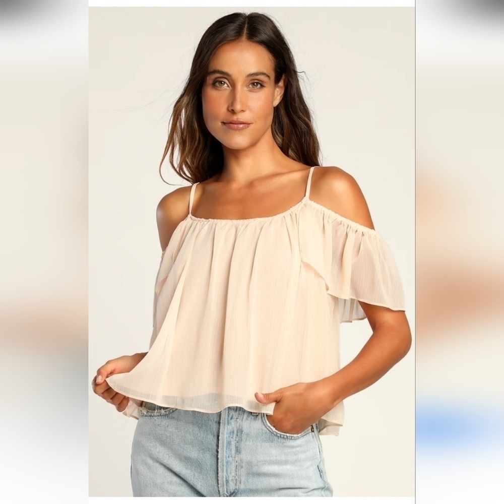 Lulus Cream Off Shoulder Blouse XS Flowy Ruffle Strap Top Boho Chic Festival